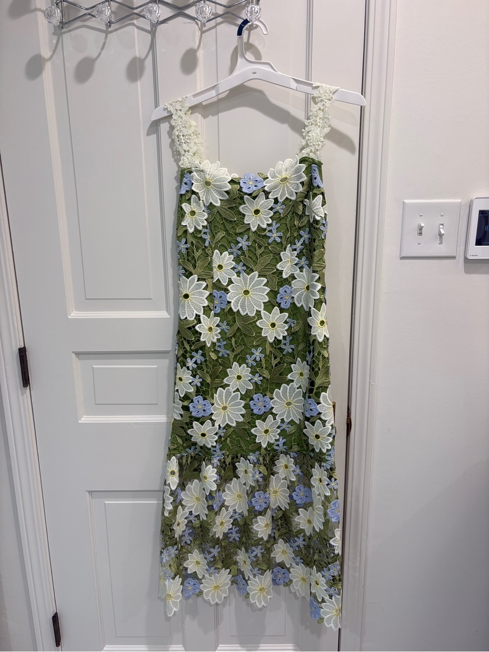 O. P. I. Green Floral Lace Midi Dress with White and Blue Appliqué